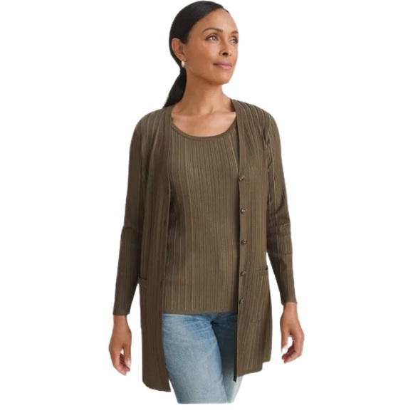 Chico's Sweaters - Chicos | V-Neck Button Down Ribbed Front Pocket Cardigan (M) Olive